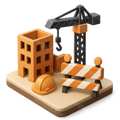 3D Construction Site Icon with Crane and Barriers