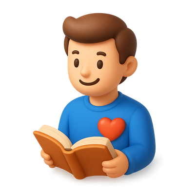 3D Icon of a Book-Loving Enthusiast with Heart Symbol