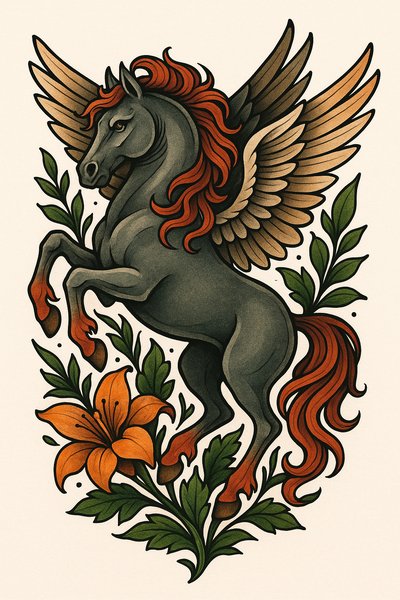 Fantasy Illustration of a Winged Horse with Floral Elements
