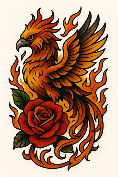 Vibrant Phoenix and Rose Tattoo Design