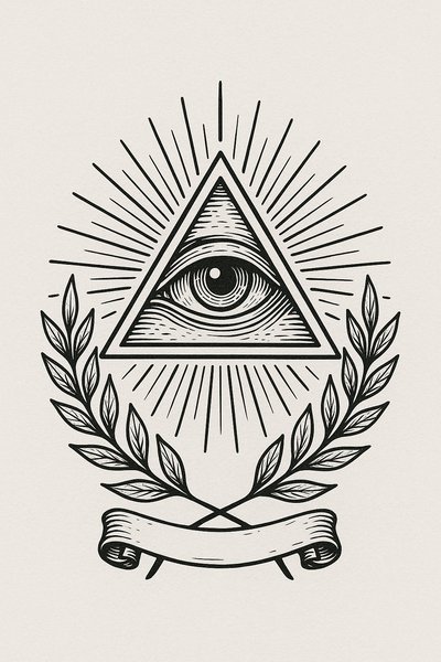 Symbolic illustration of an eye within a triangle surrounded by laurel