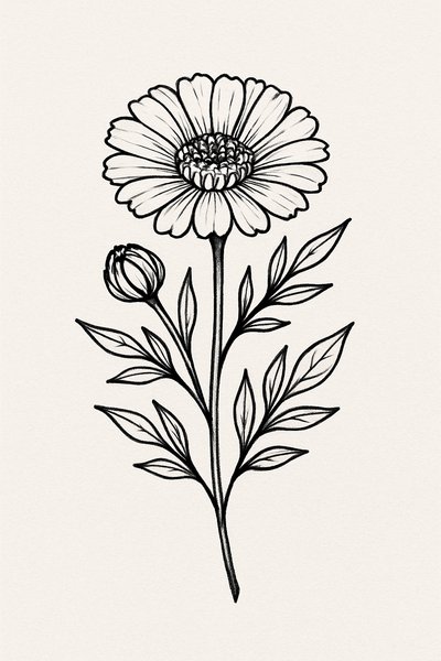 Detailed Illustration of a Flower with Leaves