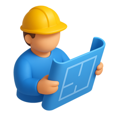 3D Worker Examining Blueprint Icon in Isometric View