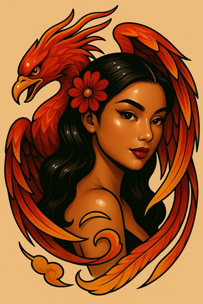 Stylized Portrait of a Girl with a Phoenix in Tattoo Art Style