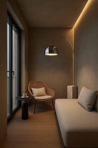 Modern Minimalist Balcony Interior with Soft Lighting