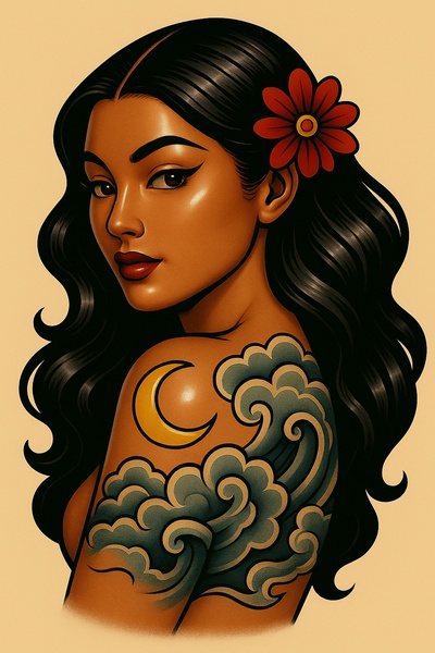 Glossy Tattooed Girl with Moon and Waves