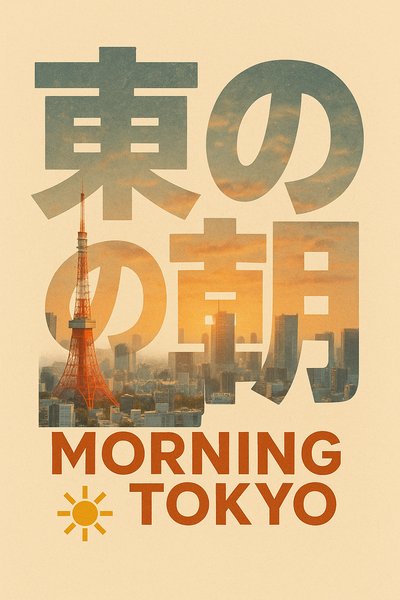 Stylized Graphic of Tokyo's Morning Skyline with Text Overlay