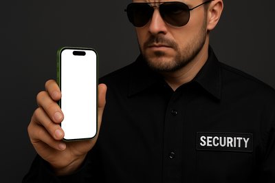 Security Guard Holding a Phone with Vigilant Expression