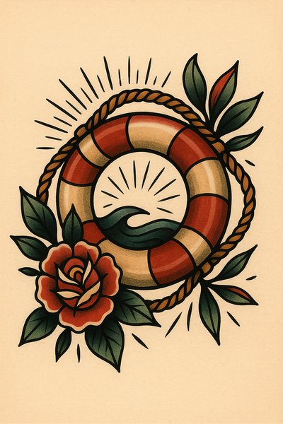 Colorful tattoo design featuring a lifebuoy and roses