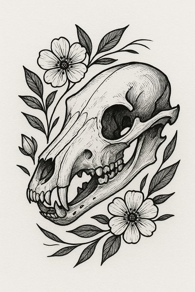 Intricate Skull Illustration Surrounded by Floral Elements