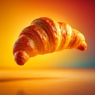 Dynamic Realistic Croissant Floating in Colorful Background