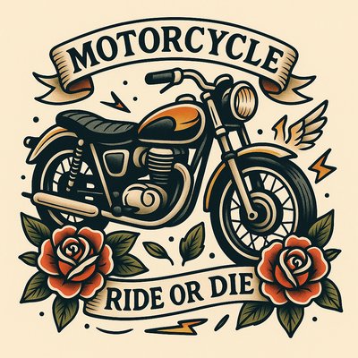 Vintage Motorcycle Illustration with Floral Elements