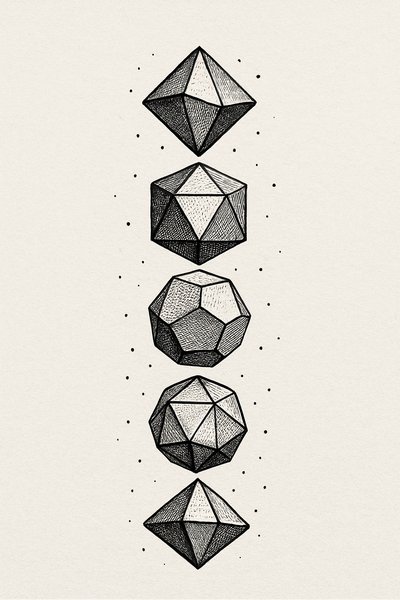 Geometric Illustration of Platonic Solids in Monochrome Style