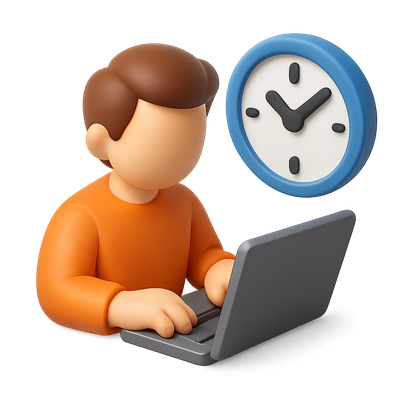 3D Icon of a Person Working at Computer with Clock