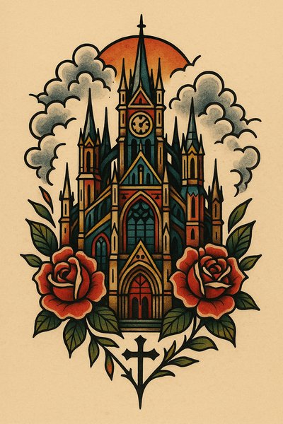 Stylized Gothic Cathedral Illustration with Roses