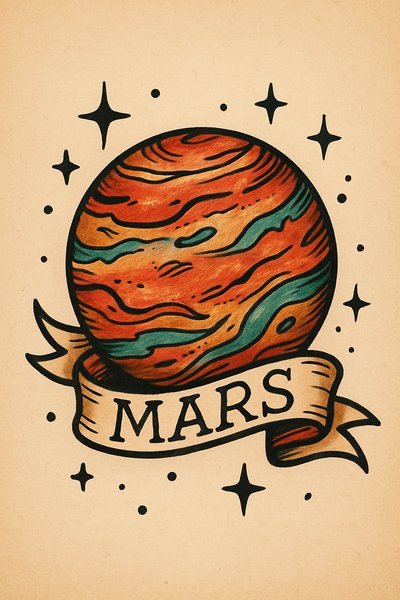 Artistic Illustration of Mars with Vintage Style Elements