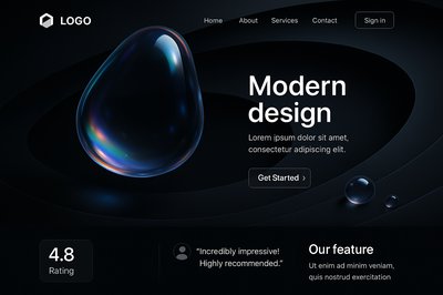 Minimalist Landing Page Design with Realistic Water Drops