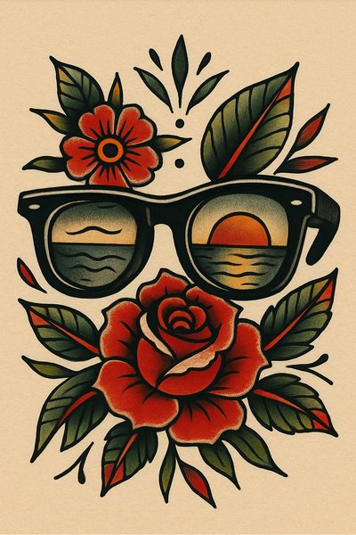 Tattoo-style graphic of sunglasses with floral elements