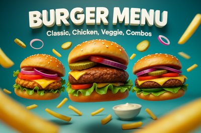 3D Burger Menu Featuring Classic, Chicken, and Veggie Options