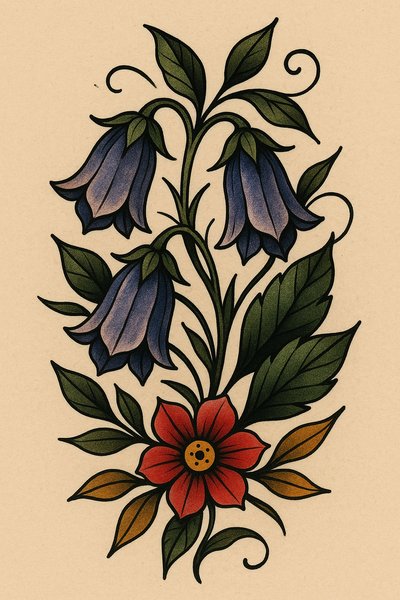 Colorful Floral Illustration Featuring Bell Flowers and Leaves