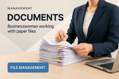 Businesswoman Managing Paperwork in Modern Office Setting