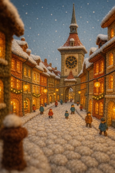 Festive Night in Bern - Whimsical Woolen Scene