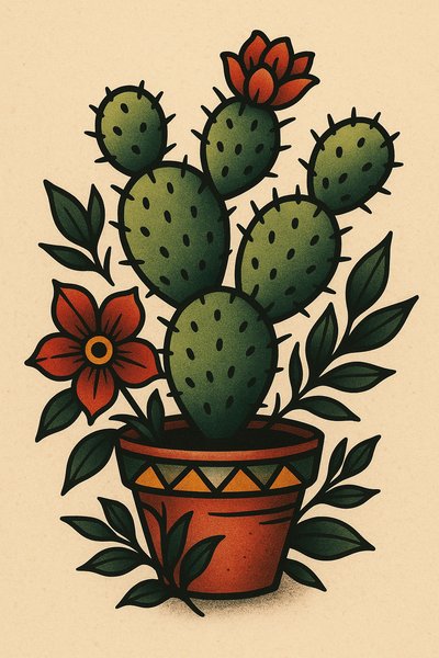 Illustrative cactus plant in a decorative pot with flowers