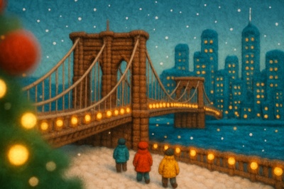 Whimsical Woolen Brooklyn Bridge Scene with Holiday Cheer