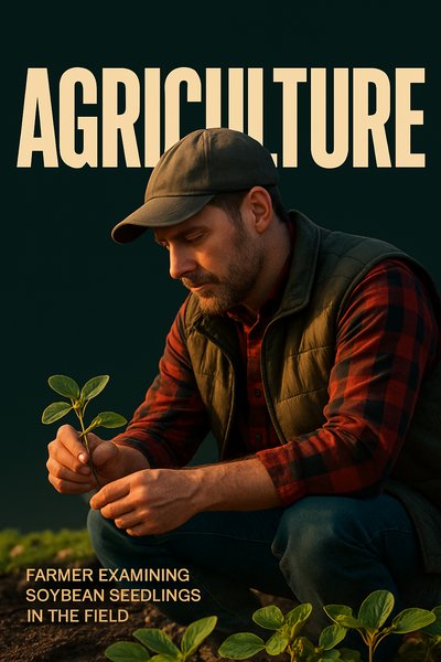 Modern Agriculture Focus: Soybean Farmer Examining Seedlings