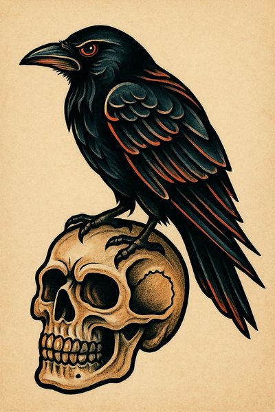 Artistic depiction of a raven perched on a skull