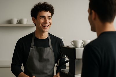 Smiling Barista Engaging with Customer in Modern Cafe