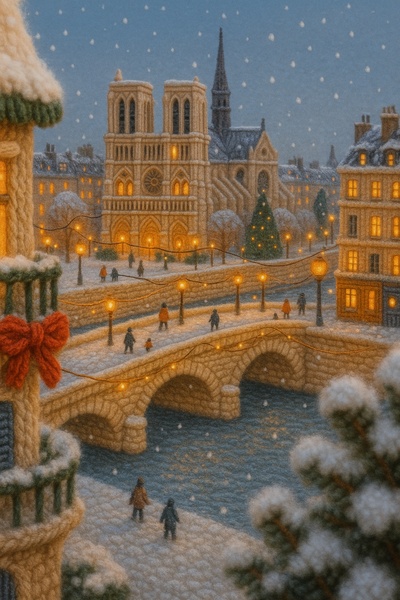 Knitted Paris in Snow: A Cozy Winter Scene