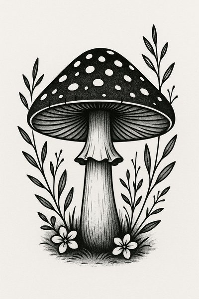 Intricate Black and White Mushroom Illustration with Floral Elements