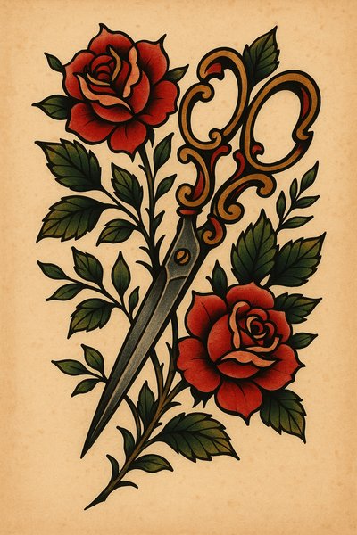 Stylized illustration of roses and scissors in vintage style