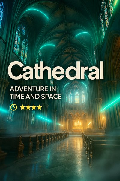 Dynamic Neon Cathedral Scene with Adventure Theme