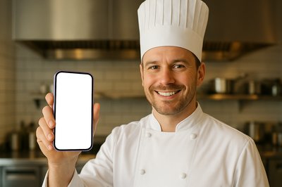 Chef Holding a Phone in a Kitchen Setting
