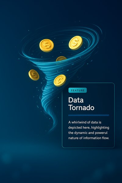 Dynamic Data Tornado with Glowing Coins Illustration