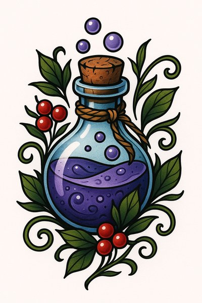 Colorful Potion Bottle Illustration with Decorative Elements