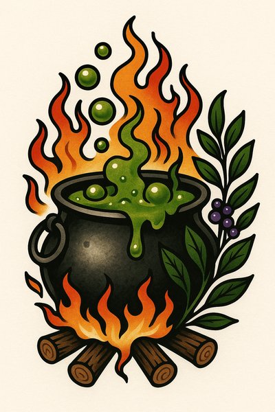 Illustrative Cauldron with Flames and Bubbles