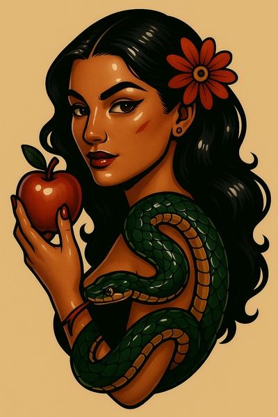 Glossy Classic Tattoo Style with Snake and Apple