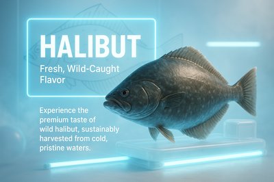 3D Render of Fresh Halibut with Promotional Text