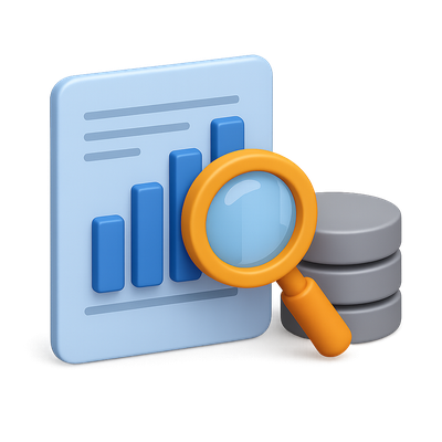 3D Data-Mining Icon with Graph and Magnifying Glass