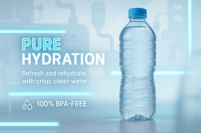 Promotional Image for Hydration Product Featuring Clear Water Bottle