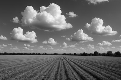 Black and White Landscape with Cloudy Sky and Field Rows
