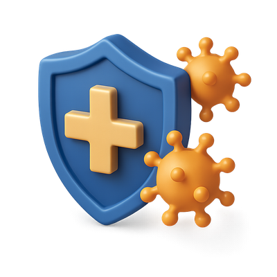 3D Shield Icon with Virus Symbols for Health Protection