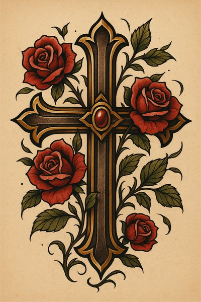 Intricate Cross Design with Roses in Vintage Style
