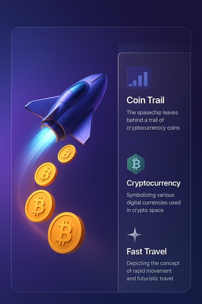 Spaceship Leaving a Cryptocurrency Trail in 3D Illustration