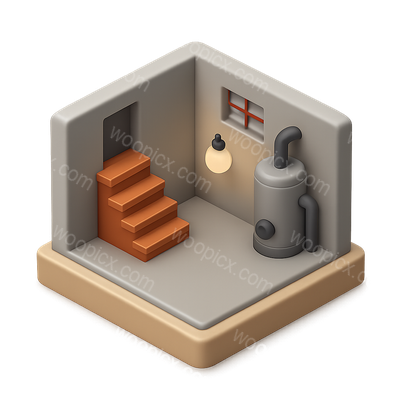 Isometric 3D Basement Icon with Stairs and Equipment