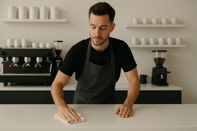 Barista Cleaning a Stylish Counter in a Modern Cafe