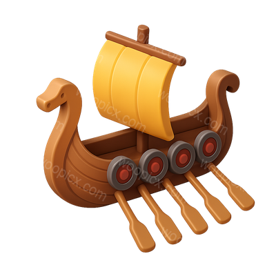 3D Icon of a Viking Longship with Oars and Sail